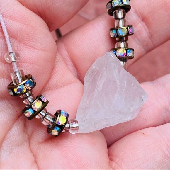 Handmade Rough Clear Quartz Leather Crystal Rondel Adjustable Necklace - Picture 4 of 4